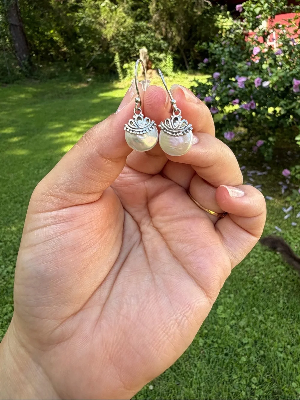 925 Sterling Silver White Pearl Drop Earrings with Silver Crown Accents